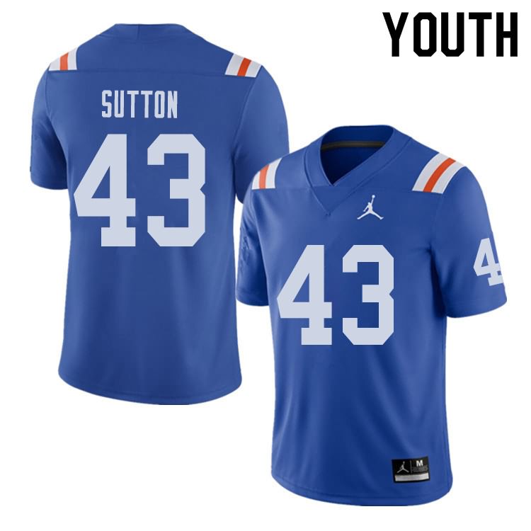 Youth NCAA Florida Gators Nicolas Sutton #43 Stitched Authentic Alternate Jordan Brand Royal Throwback College Football Jersey KER7365YX